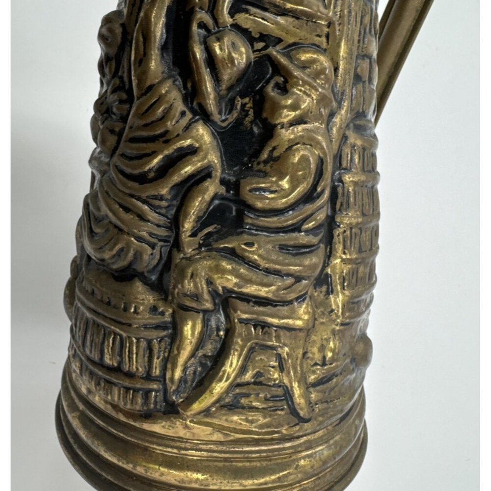 Vintage Brass Embossed Pub Scene Pitcher Jug Art Deco England 10" Estate Sale - Picture 12 of 14
